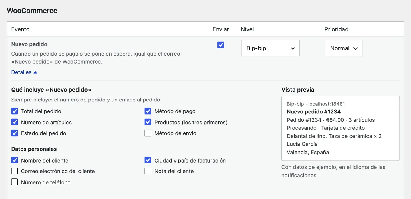 Los detalles de «Nuevo pedido»: las casillas y la vista previa de la notificación.