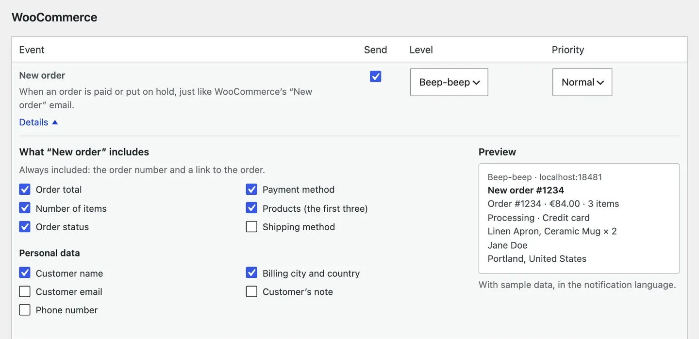 The details of “New order”: the checkboxes, and the preview of the notification.