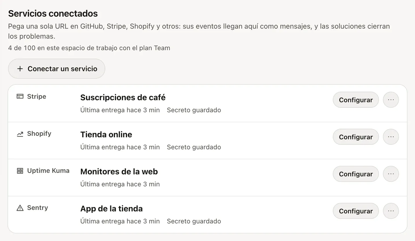 Los servicios conectados de un proyecto de Honk: Stripe, Shopify, Uptime Kuma y Sentry, cada uno con su última entrega y si tiene el secreto guardado.