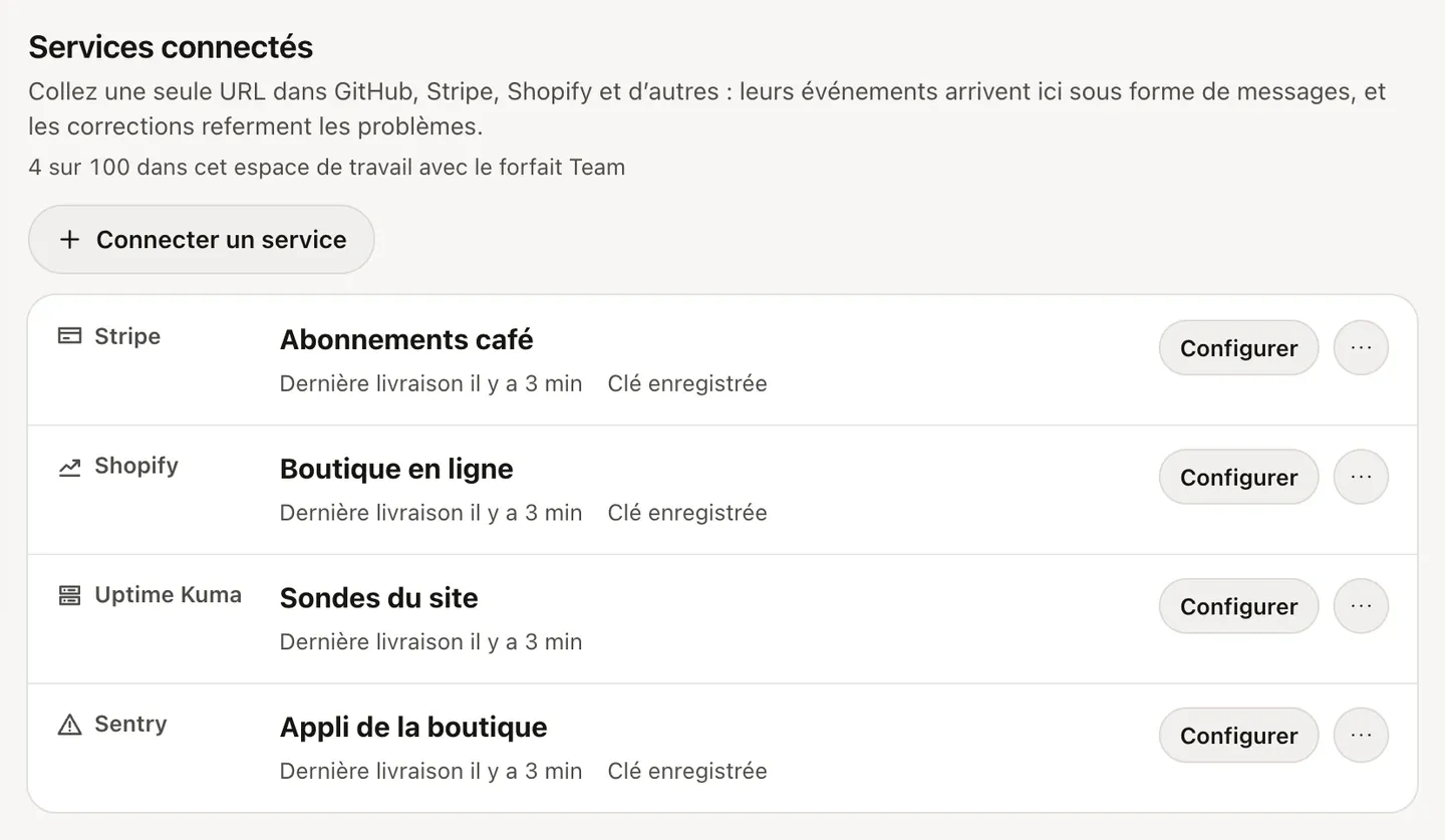 Les services connectés d’un projet Honk : Stripe, Shopify, Uptime Kuma et Sentry, chacun avec l’heure de sa dernière livraison et l’état de sa clé.