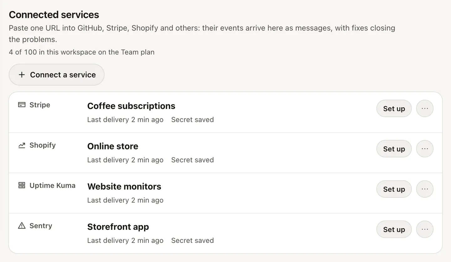 Connected services in a Honk project: Stripe, Shopify, Uptime Kuma and Sentry, each with the time of its last delivery and whether its secret is saved.