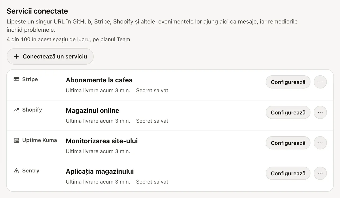 Serviciile conectate ale unui proiect Honk: Stripe, Shopify, Uptime Kuma și Sentry, fiecare cu ora ultimei livrări și cu starea secretului.